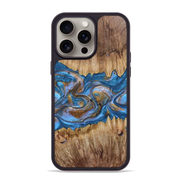 iPhone 15 Pro Max Wood+Resin Phone Case - Liliana (Teal & Gold, 664764) Sale