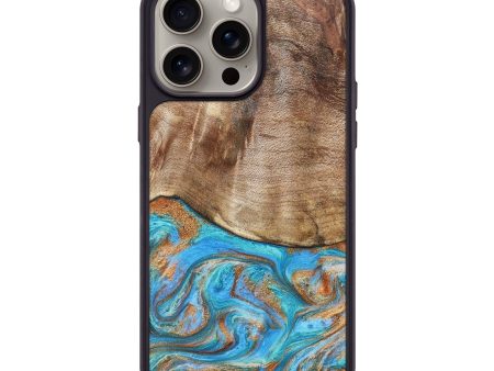 iPhone 15 Pro Max Wood+Resin Phone Case - Pauline (Teal & Gold, 664788) For Sale