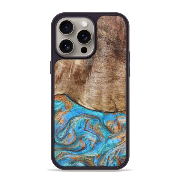 iPhone 15 Pro Max Wood+Resin Phone Case - Pauline (Teal & Gold, 664788) For Sale