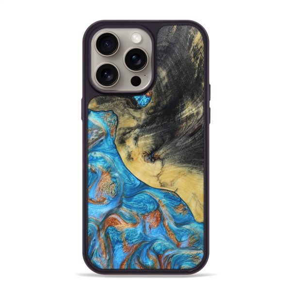 iPhone 15 Pro Max Wood+Resin Phone Case - Bonita (Teal & Gold, 663530) For Discount