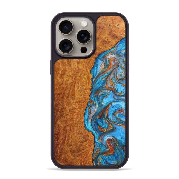 iPhone 15 Pro Max Wood+Resin Phone Case - Duane (Teal & Gold, 663570) For Discount