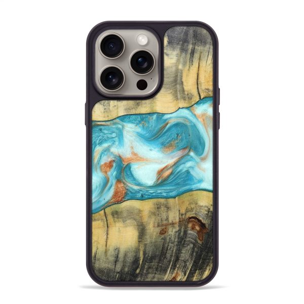 iPhone 15 Pro Max Wood+Resin Phone Case - Donnie (Teal & Gold, 661122) Discount