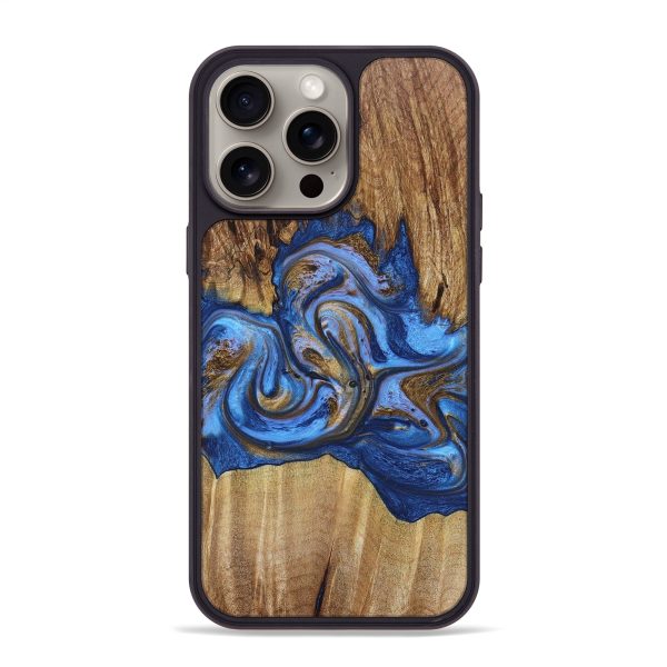 iPhone 15 Pro Max Wood+Resin Phone Case - Ann (Teal & Gold, 662536) on Sale