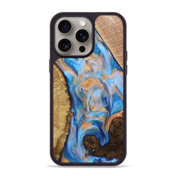 iPhone 15 Pro Max Wood+Resin Phone Case - Ollie (Teal & Gold, 661909) Online now