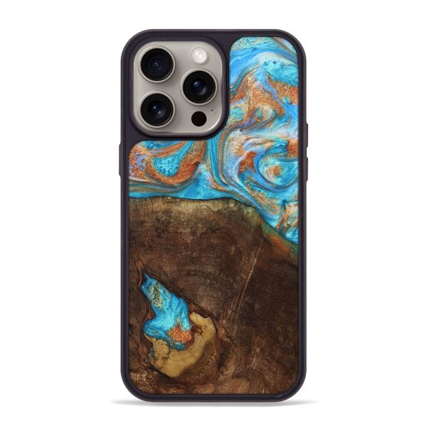 iPhone 15 Pro Max Wood+Resin Phone Case - Maxine (Teal & Gold, 664784) For Discount