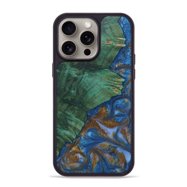 iPhone 15 Pro Max Wood+Resin Phone Case - Meredith (Teal & Gold, 661121) Online Hot Sale