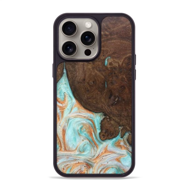 iPhone 15 Pro Max Wood+Resin Phone Case - Pam (Teal & Gold, 662690) Sale