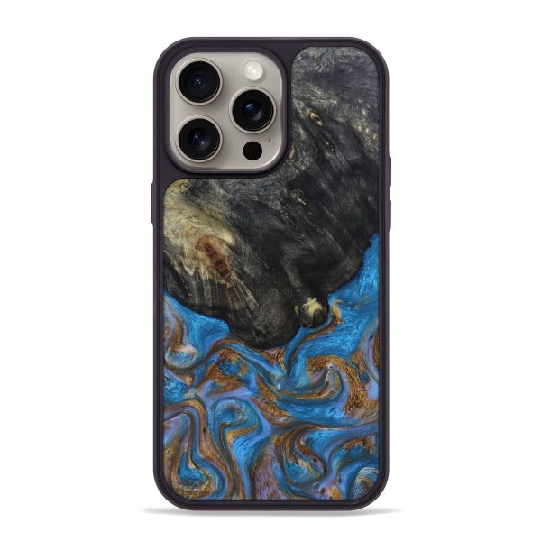 iPhone 15 Pro Max Wood+Resin Phone Case - Mathew (Teal & Gold, 665277) Supply