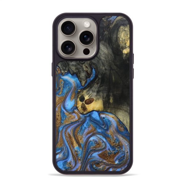 iPhone 15 Pro Max Wood+Resin Phone Case - Lainey (Teal & Gold, 661879) For Discount