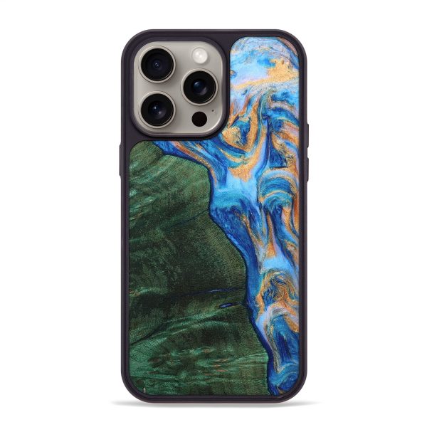 iPhone 15 Pro Max Wood+Resin Phone Case - Kingston (Teal & Gold, 661910) on Sale