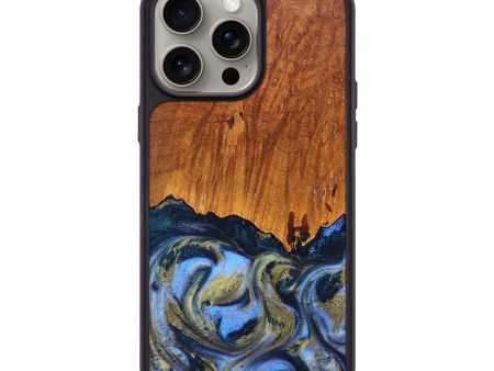 iPhone 15 Pro Max Wood+Resin Phone Case - Dina (Teal & Gold, 663064) For Cheap