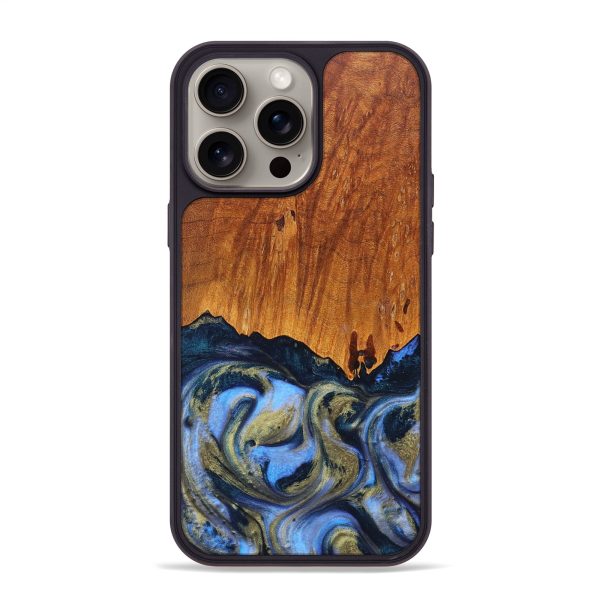 iPhone 15 Pro Max Wood+Resin Phone Case - Dina (Teal & Gold, 663064) For Cheap