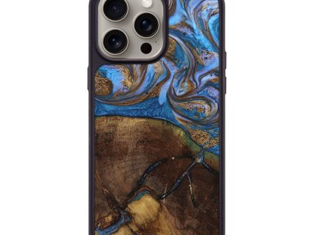 iPhone 15 Pro Max Wood+Resin Phone Case - Fred (Teal & Gold, 663574) For Cheap