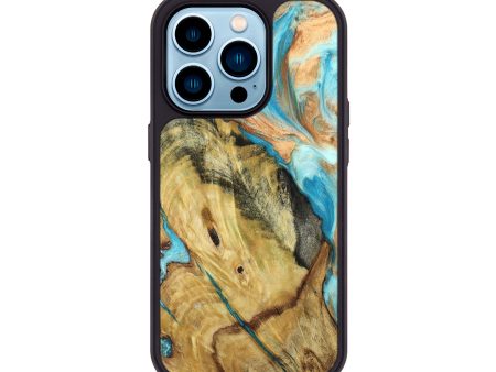 iPhone 14 Pro Wood+Resin Phone Case - Mercedes (Teal & Gold, 661139) For Cheap