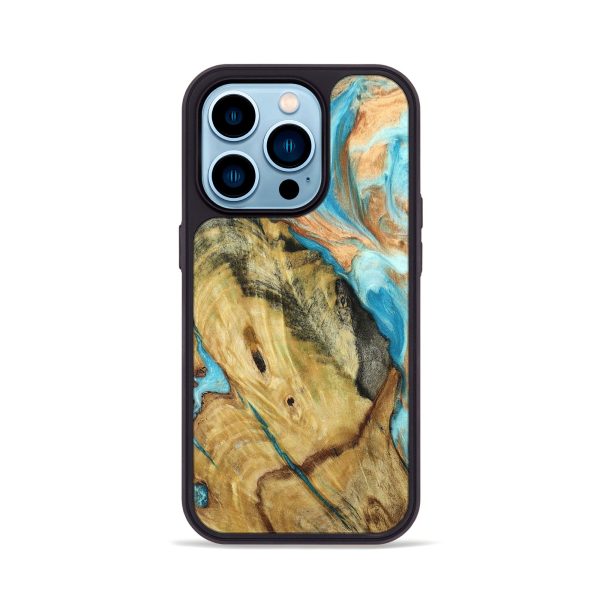 iPhone 14 Pro Wood+Resin Phone Case - Mercedes (Teal & Gold, 661139) For Cheap