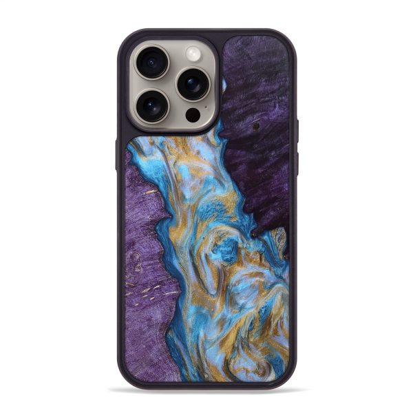 iPhone 15 Pro Max Wood+Resin Phone Case - Gary (Teal & Gold, 661113) For Cheap