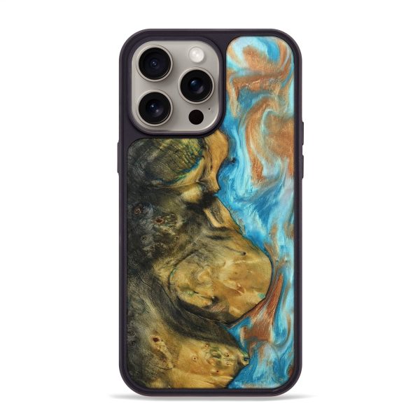 iPhone 15 Pro Max Wood+Resin Phone Case - Joshua (Teal & Gold, 661145) Discount