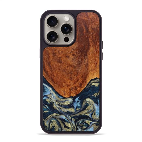 iPhone 15 Pro Max Wood+Resin Phone Case - Jasmin (Teal & Gold, 665454) Cheap