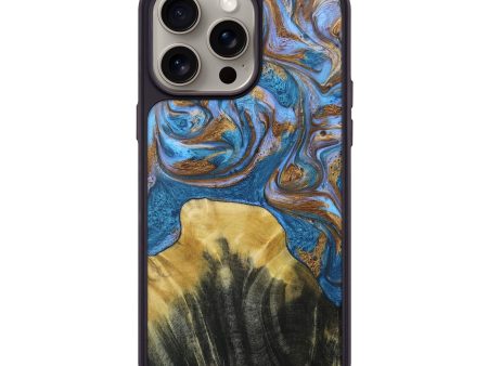 iPhone 15 Pro Max Wood+Resin Phone Case - Rocky (Teal & Gold, 664775) For Sale