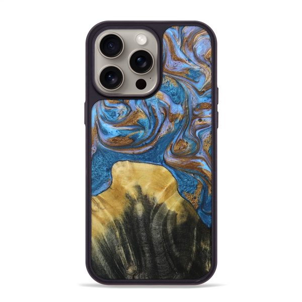 iPhone 15 Pro Max Wood+Resin Phone Case - Rocky (Teal & Gold, 664775) For Sale