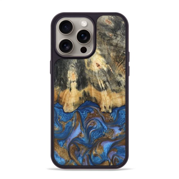 iPhone 15 Pro Max Wood+Resin Phone Case - Irving (Teal & Gold, 661112) Sale