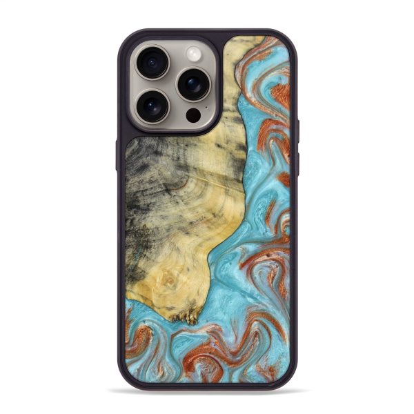 iPhone 15 Pro Max Wood+Resin Phone Case - Kendrick (Teal & Gold, 664167) Cheap