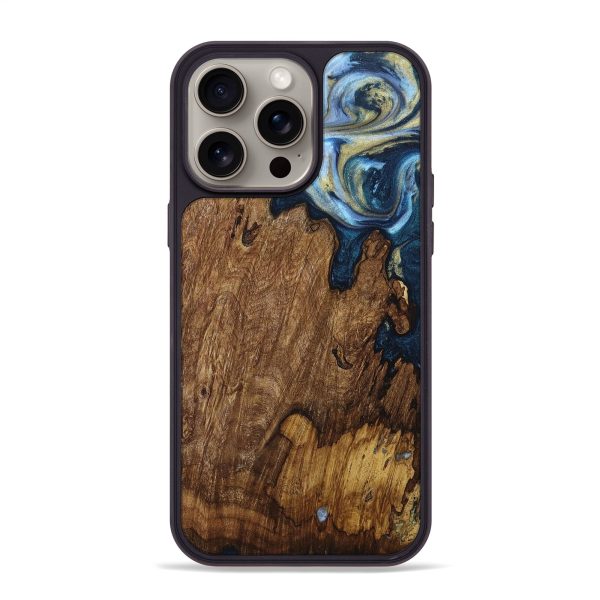 iPhone 15 Pro Max Wood+Resin Phone Case - Kenya (Teal & Gold, 661661) For Cheap