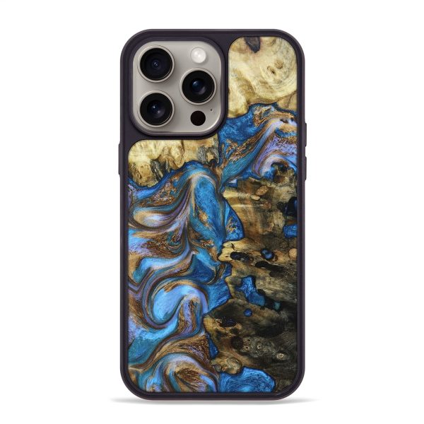 iPhone 15 Pro Max Wood+Resin Phone Case - Marian (Teal & Gold, 663518) For Discount