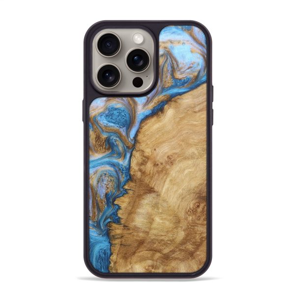 iPhone 15 Pro Max Wood+Resin Phone Case - Iker (Teal & Gold, 666136) For Discount