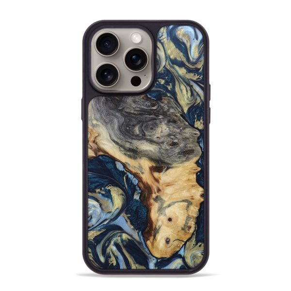 iPhone 15 Pro Max Wood+Resin Phone Case - Jase (Teal & Gold, 665458) For Cheap