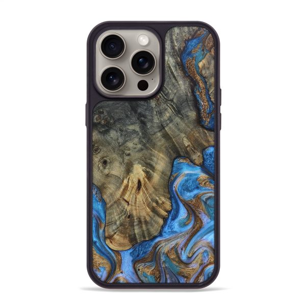 iPhone 15 Pro Max Wood+Resin Phone Case - Jamie (Teal & Gold, 663576) Hot on Sale