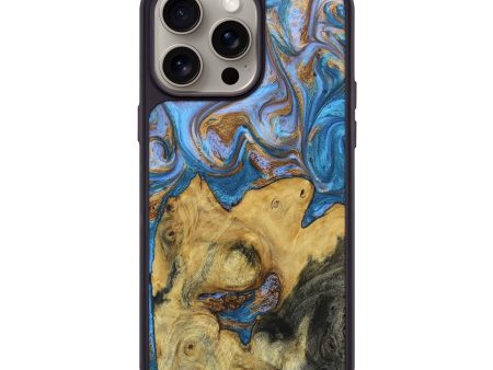 iPhone 15 Pro Max Wood+Resin Phone Case - Lakisha (Teal & Gold, 664780) For Sale