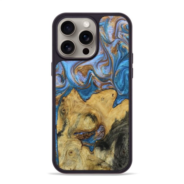 iPhone 15 Pro Max Wood+Resin Phone Case - Lakisha (Teal & Gold, 664780) For Sale