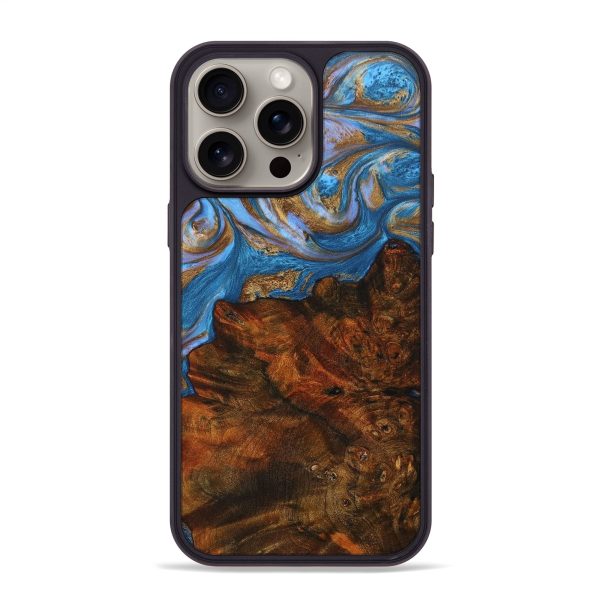 iPhone 15 Pro Max Wood+Resin Phone Case - Jaiden (Teal & Gold, 664759) on Sale