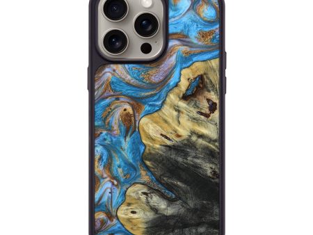 iPhone 15 Pro Max Wood+Resin Phone Case - Rudy (Teal & Gold, 665335) For Sale