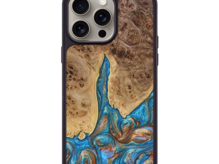 iPhone 15 Pro Max Wood+Resin Phone Case - Kelly (Teal & Gold, 663519) For Sale