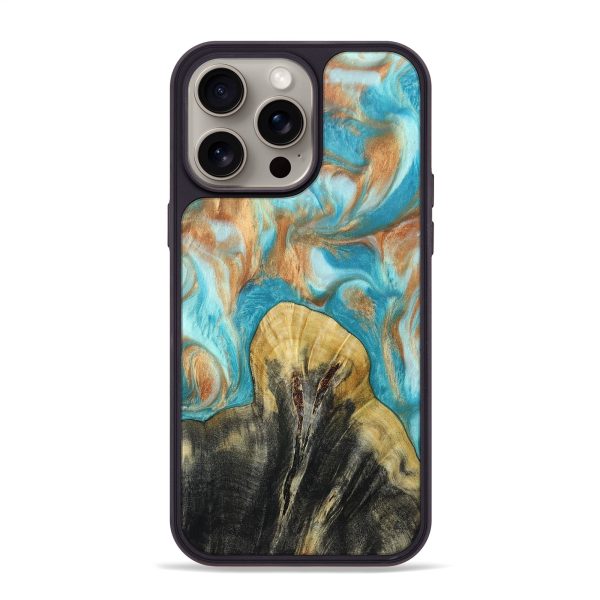 iPhone 15 Pro Max Wood+Resin Phone Case - Lena (Teal & Gold, 661129) Fashion