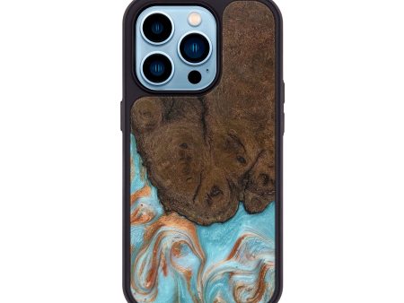 iPhone 14 Pro Wood+Resin Phone Case - Adeline (Teal & Gold, 664007) Hot on Sale