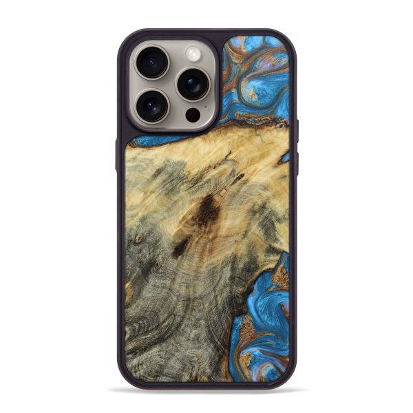 iPhone 15 Pro Max Wood+Resin Phone Case - Jaime (Teal & Gold, 665281) For Discount