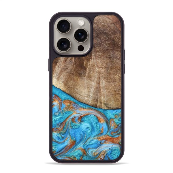 iPhone 15 Pro Max Wood+Resin Phone Case - Kaden (Teal & Gold, 664757) Online Sale