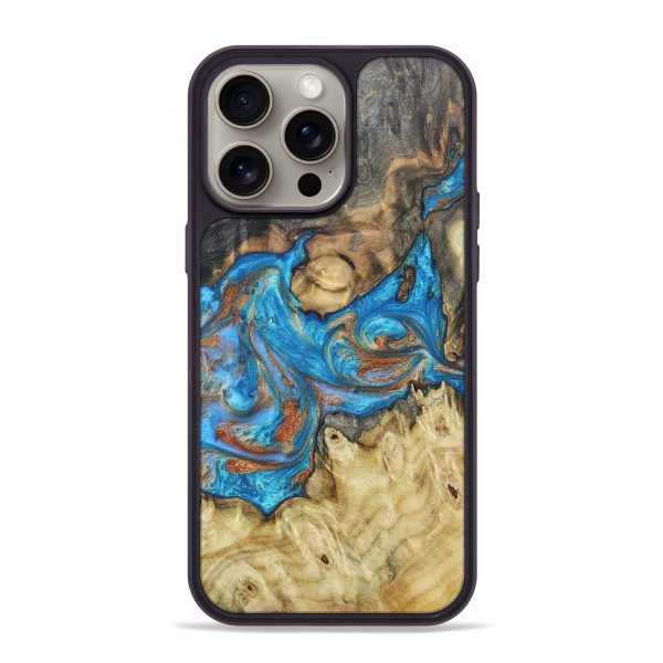 iPhone 15 Pro Max Wood+Resin Phone Case - Diego (Teal & Gold, 666113) For Cheap