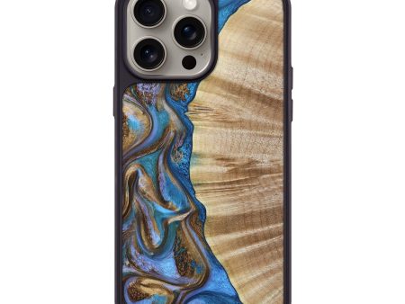 iPhone 15 Pro Max Wood+Resin Phone Case - Shari (Teal & Gold, 663568) on Sale