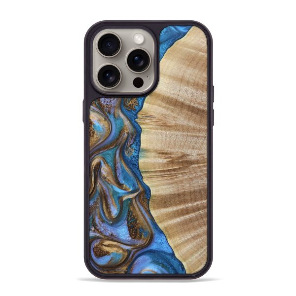 iPhone 15 Pro Max Wood+Resin Phone Case - Shari (Teal & Gold, 663568) on Sale