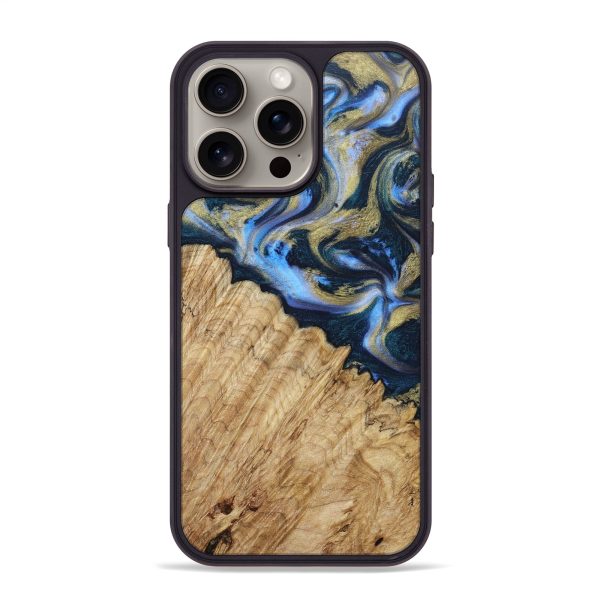 iPhone 15 Pro Max Wood+Resin Phone Case - Brittany (Teal & Gold, 662852) on Sale