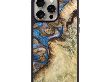 iPhone 15 Pro Max Wood+Resin Phone Case - Miley (Teal & Gold, 663068) on Sale